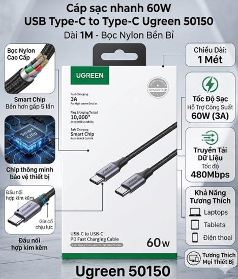 Cáp Sạc Nhanh 60W USB Type-C to Type-C Dài 1M Bọc Nylon UGREEN 50150 Chính Hãng